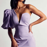 MissPap Lilac Puff Sleeve Asymmetric Midi Dress