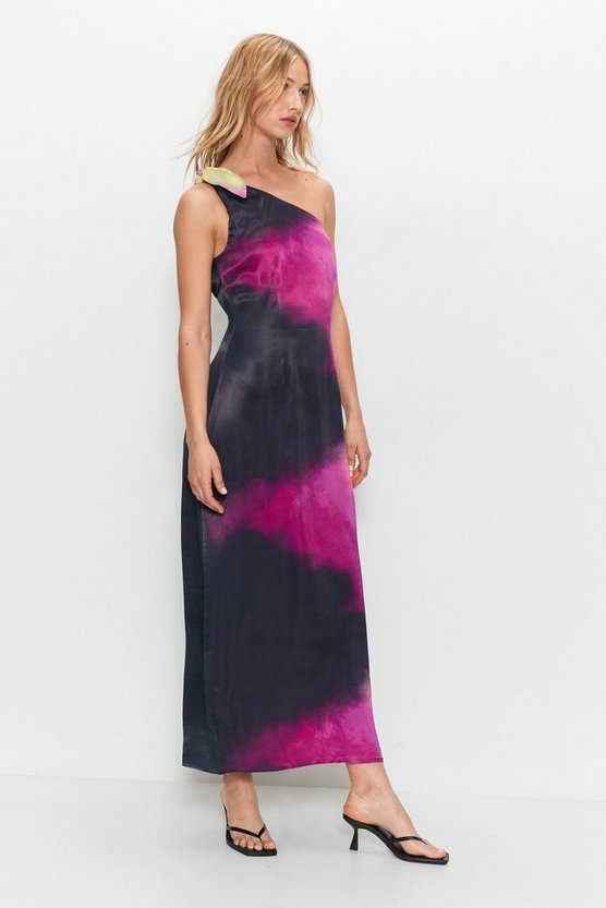 Warehouse Premium Satin Tie Dye One Shoulder Maxi Dress product image