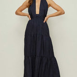 Oasis Navy Cross Neck Halter Tiered Maxi Dress product image