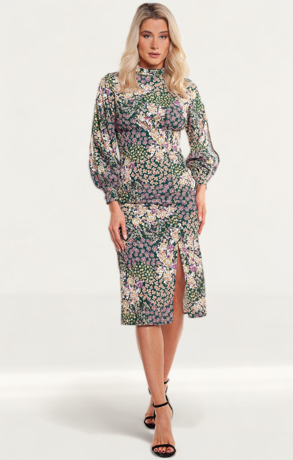 Never Fully Dressed Green Floral High Neck Midi Dress