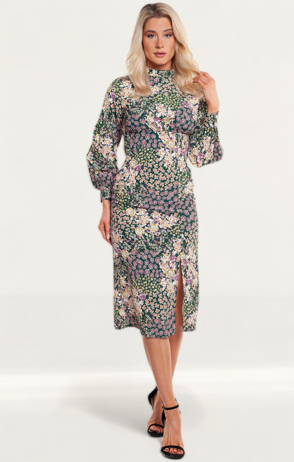 Never Fully Dressed Green Floral High Neck Midi Dress