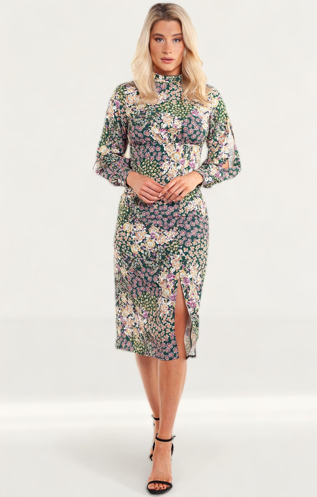 Never Fully Dressed Green Floral High Neck Midi Dress