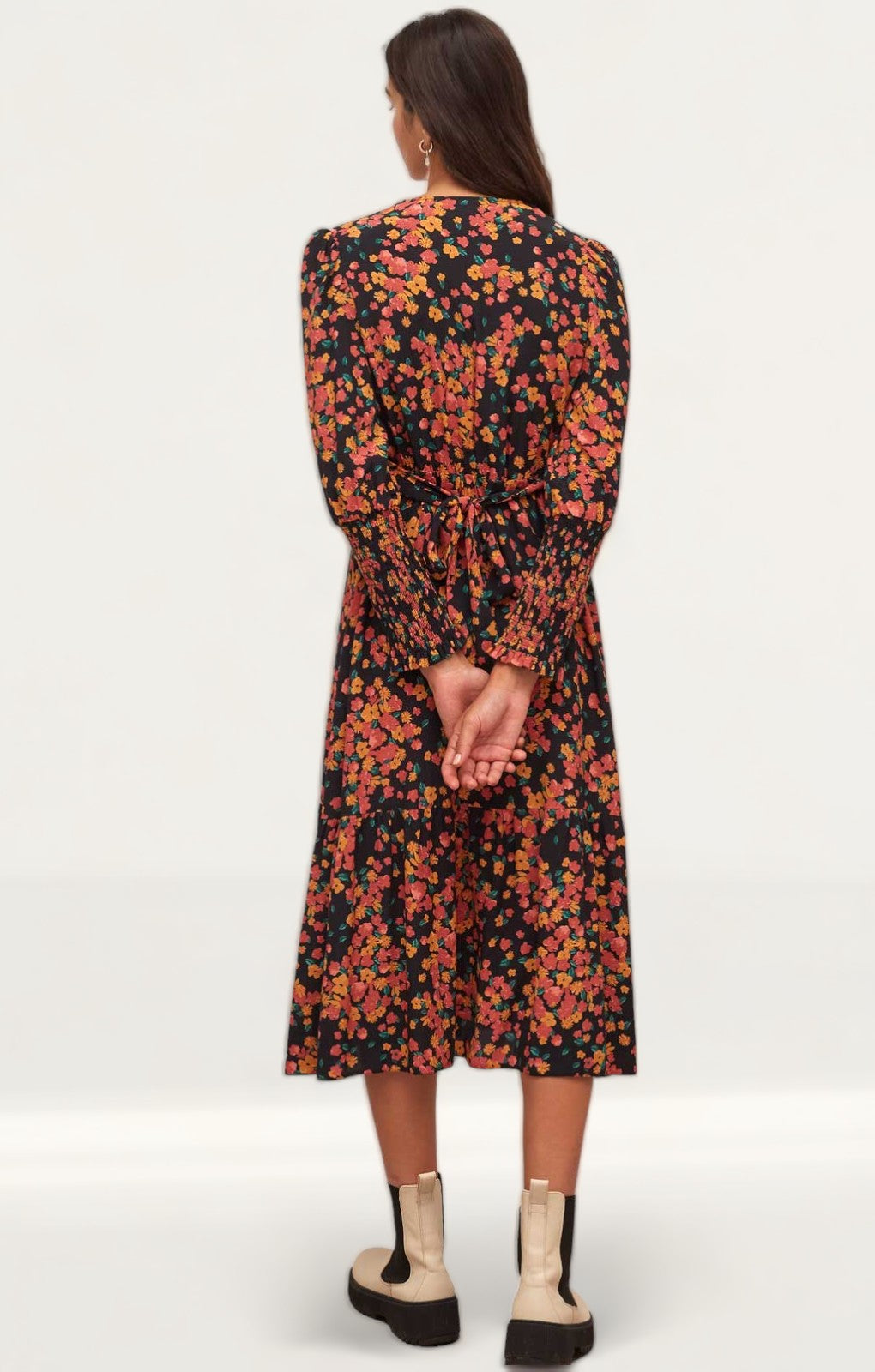 Nobody's Child Black and Orange Floral Cara Midi Dress