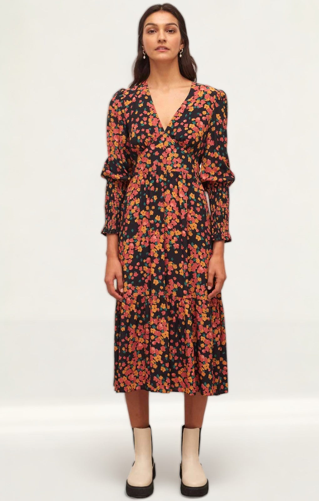 Nobody's Child Black and Orange Floral Cara Midi Dress