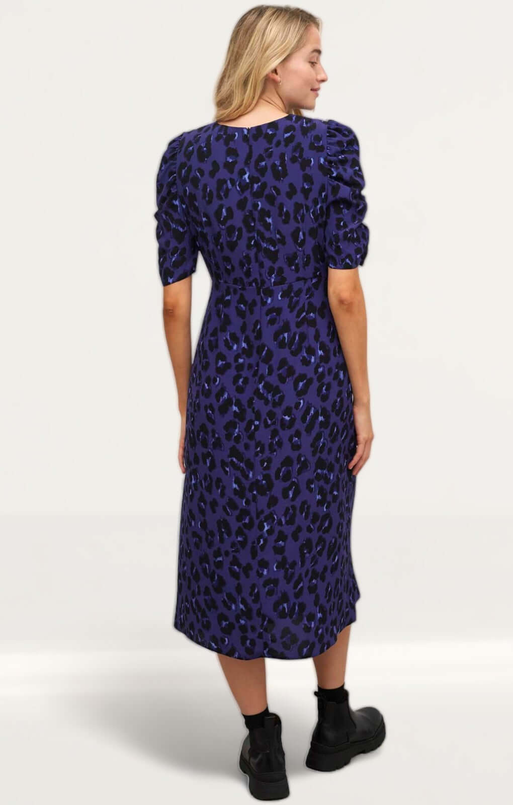 Nobody's Child Blue Leopard Evie Ruched Sleeve Midi Dress