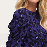 Nobody's Child Blue Leopard Evie Ruched Sleeve Midi Dress