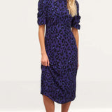 Nobody's Child Blue Leopard Evie Ruched Sleeve Midi Dress