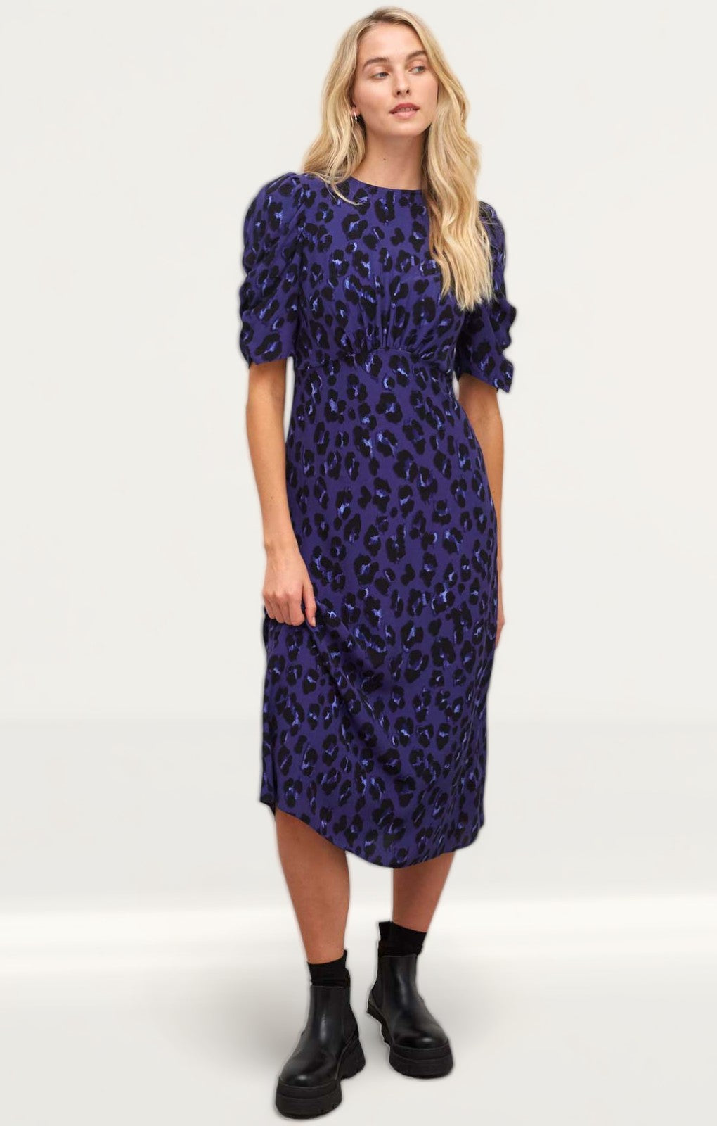 Nobody's Child Blue Leopard Evie Ruched Sleeve Midi Dress product image