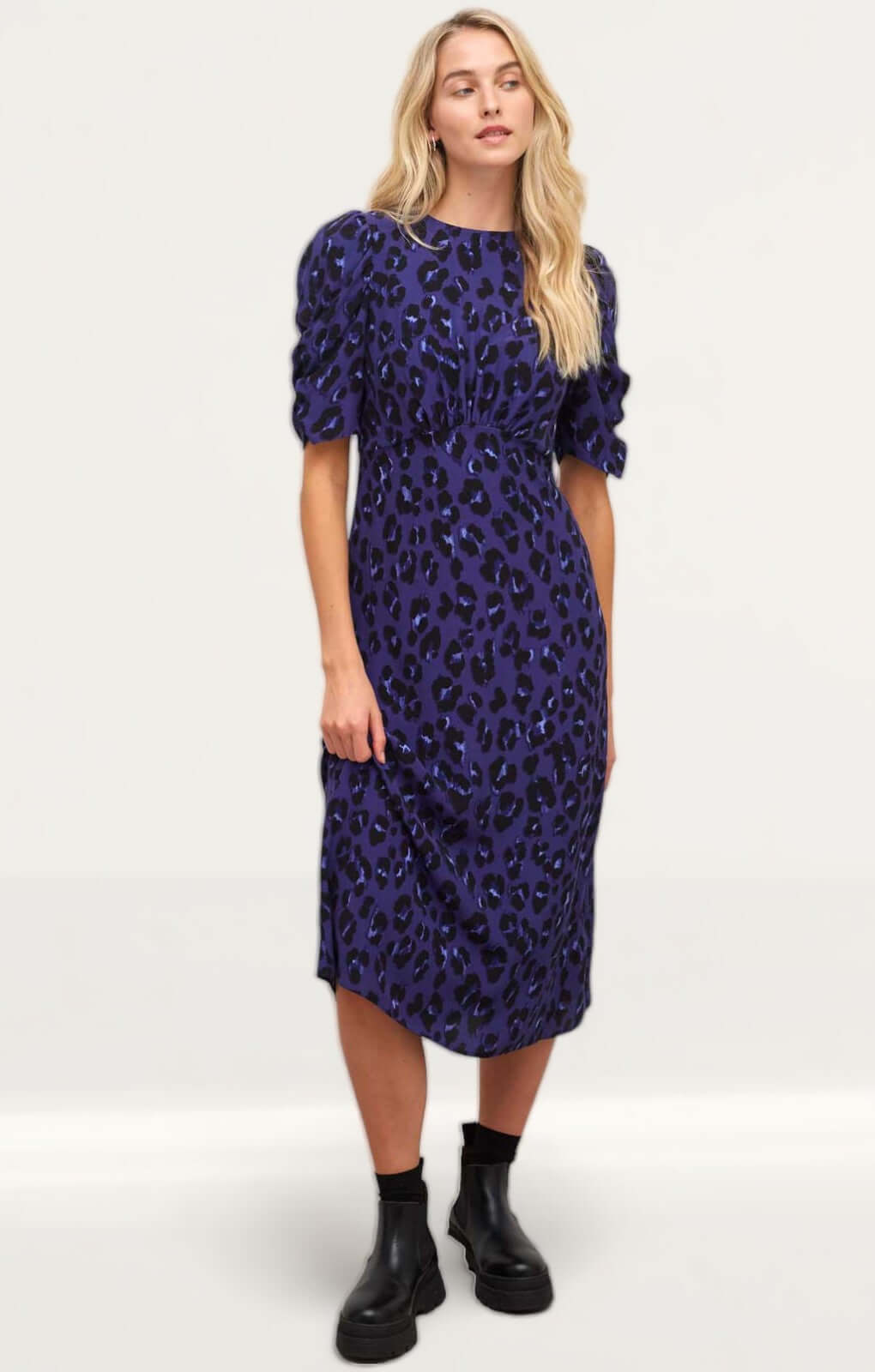 Nobody's Child Blue Leopard Evie Ruched Sleeve Midi Dress