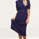 Nobody's Child Blue Leopard Evie Ruched Sleeve Midi Dress