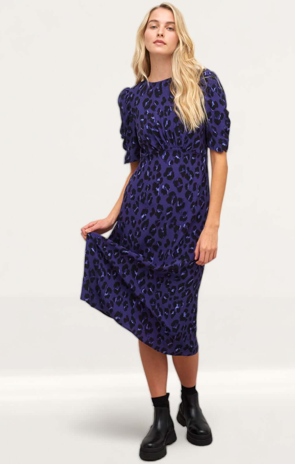 Nobody's Child Blue Leopard Evie Ruched Sleeve Midi Dress