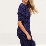 Nobody's Child Blue Leopard Evie Ruched Sleeve Midi Dress