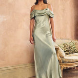 Nobody's Child Sage Green Satin Bardot Gaia Bridesmaid Maxi Dress