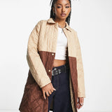 Noisy May Colour Block Quilted Coat In Beige & Brown – coats & jackets by Noisy May, available to rent from Hirestreet