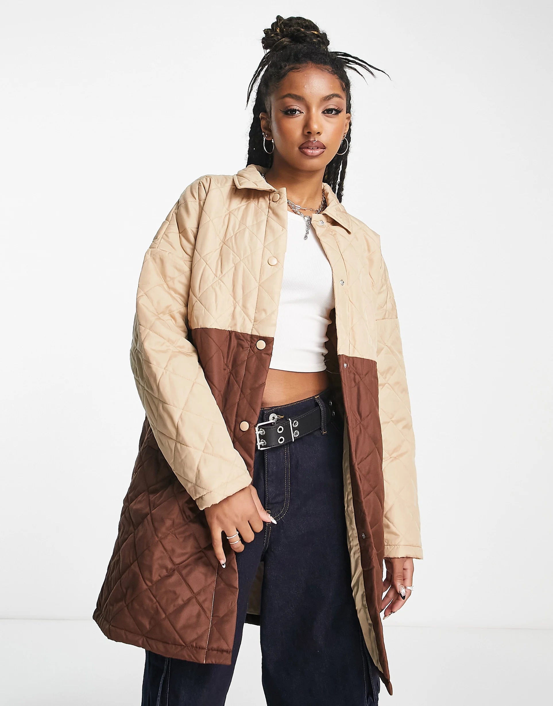 Noisy May Colour Block Quilted Coat In Beige & Brown – coats & jackets by Noisy May, available to rent from Hirestreet