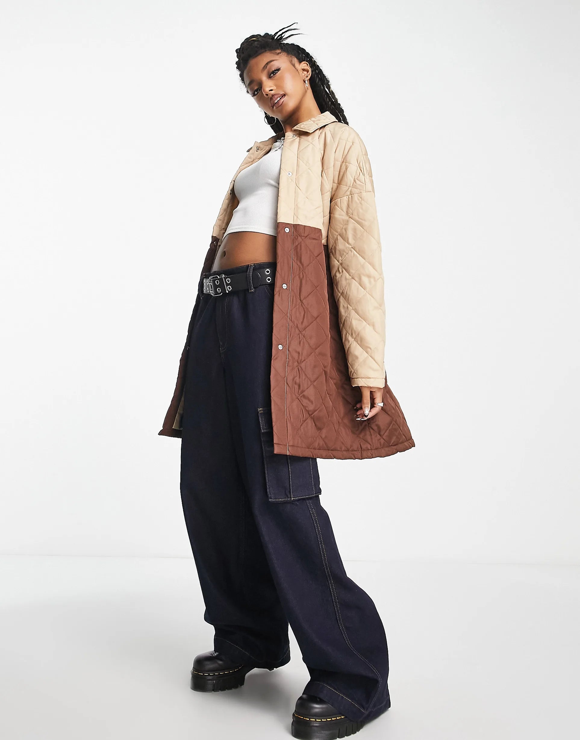 Noisy May Colour Block Quilted Coat In Beige & Brown – coats & jackets by Noisy May, available to rent from Hirestreet