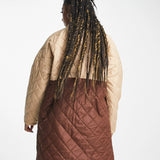 Noisy May Colour Block Quilted Coat In Beige & Brown – coats & jackets by Noisy May, available to rent from Hirestreet