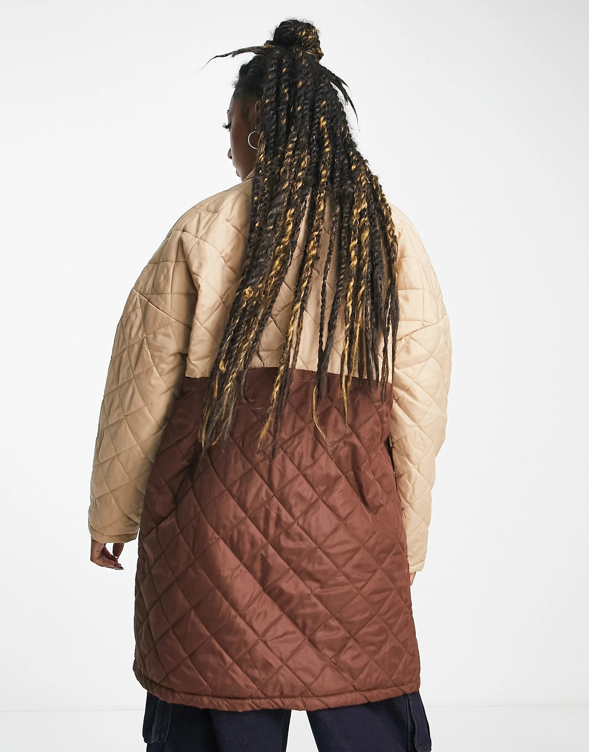 Noisy May Colour Block Quilted Coat In Beige & Brown – coats & jackets by Noisy May, available to rent from Hirestreet