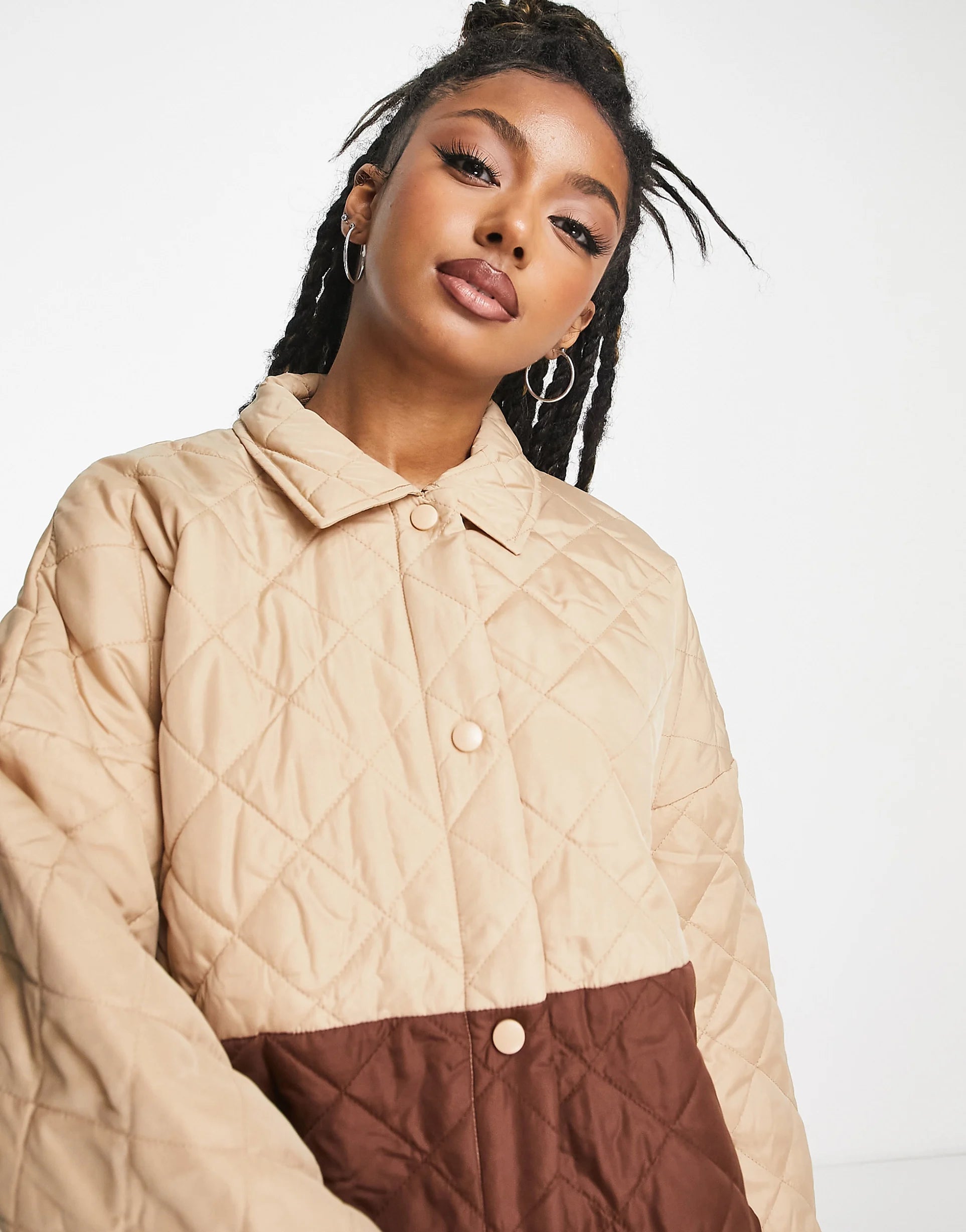 Noisy May Colour Block Quilted Coat In Beige & Brown – coats & jackets by Noisy May, available to rent from Hirestreet