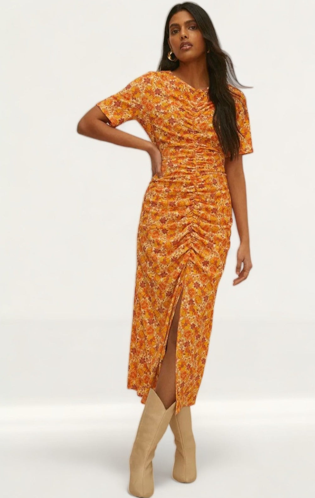 Oasis Orange Cut Out Ruched Front Crinkle Midi Dress