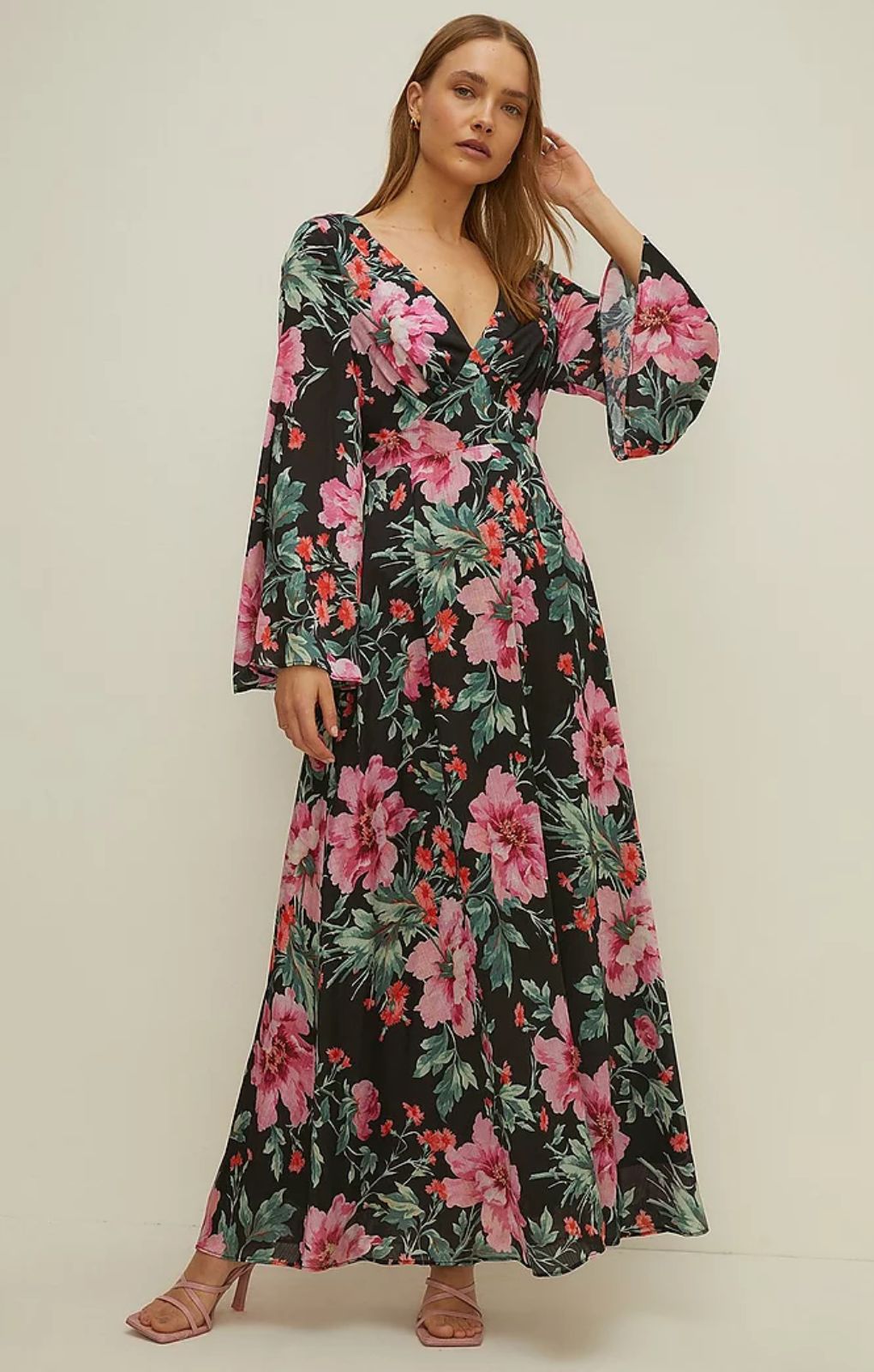Rent Oasis Bright Floral Flute Sleeve Maxi Dress | Hirestreet Rent Oasis Bright Floral Flute Sleeve Maxi Dress | Hirestreet