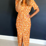 Oasis Orange Cut Out Ruched Front Crinkle Midi Dress