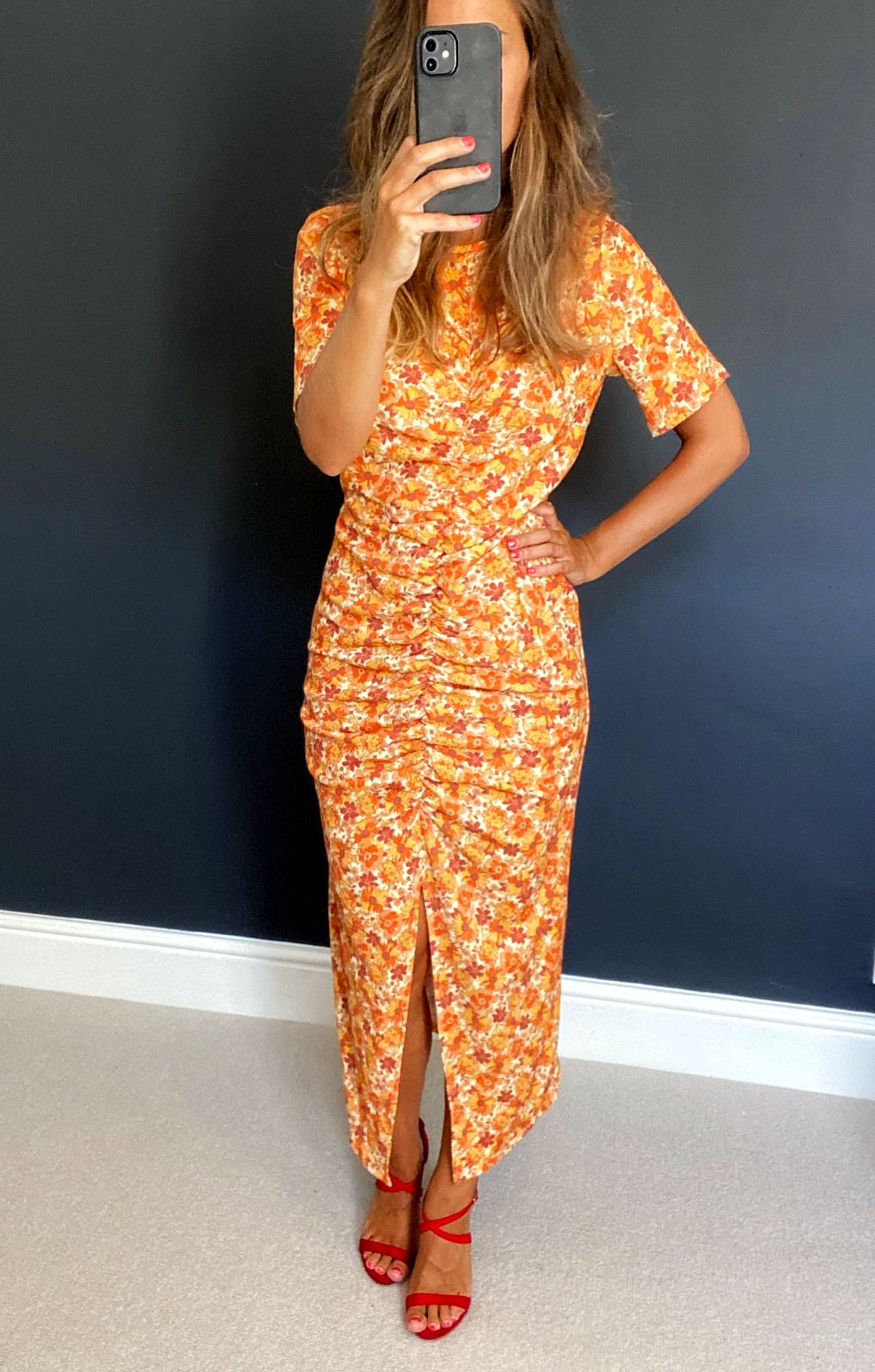 Oasis Orange Cut Out Ruched Front Crinkle Midi Dress
