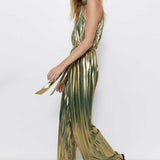 Warehouse Metallic Lame Pleated Halter Neck Jumpsuit