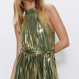 Warehouse Metallic Lame Pleated Halter Neck Jumpsuit