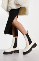 Leather Pull On Chunky Boots In White