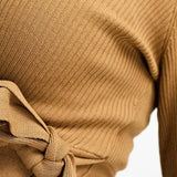 Parallel Lines Tie Side Balloon Sleeve Top In Chocolate Brown