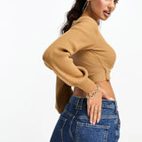 Parallel Lines Tie Side Balloon Sleeve Top In Chocolate Brown