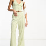 Miss Selfridge High Waist Straight Leg Trousers In Green Satin