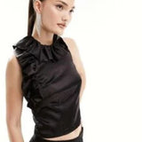 French Connection Satin Top With Ruffle Detail In Black