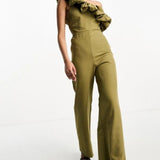 True Violet Bardot Jumpsuit With Ruffle Detail In Light Khaki