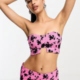 Vila Bandeau Top In Pink Floral Jacquard