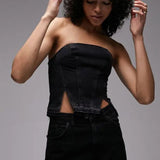 Topshop Denim Corset With Let Down Hem In Washed Black