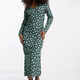 Vero Moda Floral Printed Midi Dress In Green And Black