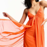 Asos Design Cami Mesh Overlay Skater Maxi Dress In Orange
