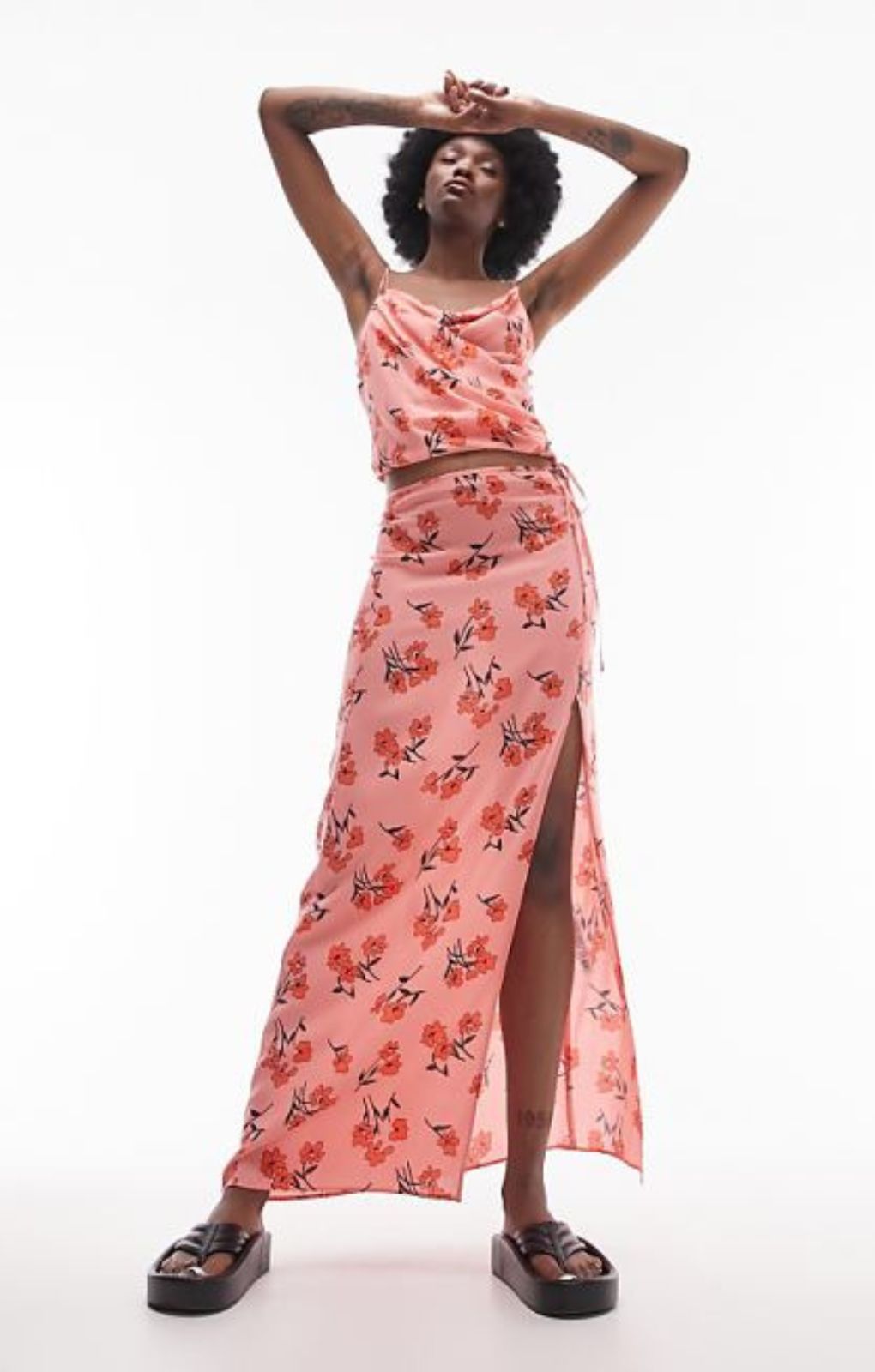 Topshop Tall Cherry Blossom Split Maxi Skirt In Pink – skirts by Topshop Tall, available to rent from Hirestreet