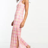 Pieces Exclusive Mesh Side Slit Midi Dress In Pink & Orange Check