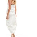 Pieces Deep V Bodycon Satin Midi Dress With Front Slit In Cream
