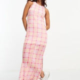 Pieces Exclusive Mesh Side Slit Midi Dress In Pink & Orange Check