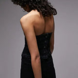 Topshop Denim Corset With Let Down Hem In Washed Black