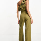 True Violet Bardot Jumpsuit With Ruffle Detail In Light Khaki