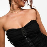 Miss Selfridge Ruched Bandeau Hook And Eye Bodycon Mini Dress In Black