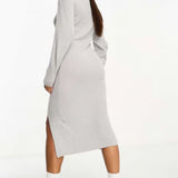 Vila High Neck Knitted Midi Dress With Side Split In Light Grey