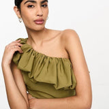 True Violet Bardot Jumpsuit With Ruffle Detail In Light Khaki