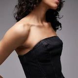 Topshop Denim Corset With Let Down Hem In Washed Black