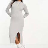 Vila High Neck Knitted Midi Dress With Side Split In Light Grey